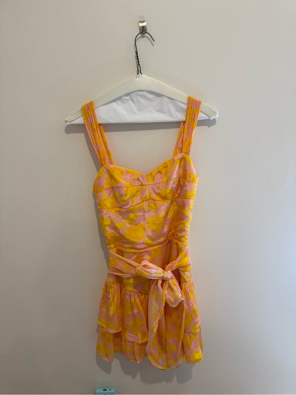 Amanda Uprichard Pink and Yellow Floral Tie-Waist Mini Dress